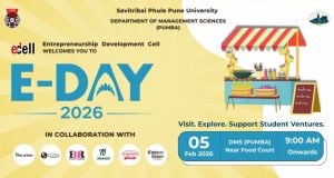 Students showcasing food, handicrafts, and startup ideas at E Day 2026 on the SPPU campus in Pune