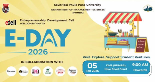 Students showcasing food, handicrafts, and startup ideas at E Day 2026 on the SPPU campus in Pune
