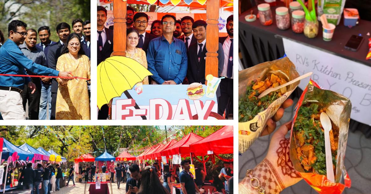 Students and faculty attending E Day 2026 with food stalls, student ventures, and marketplace activities at the SPPU campus