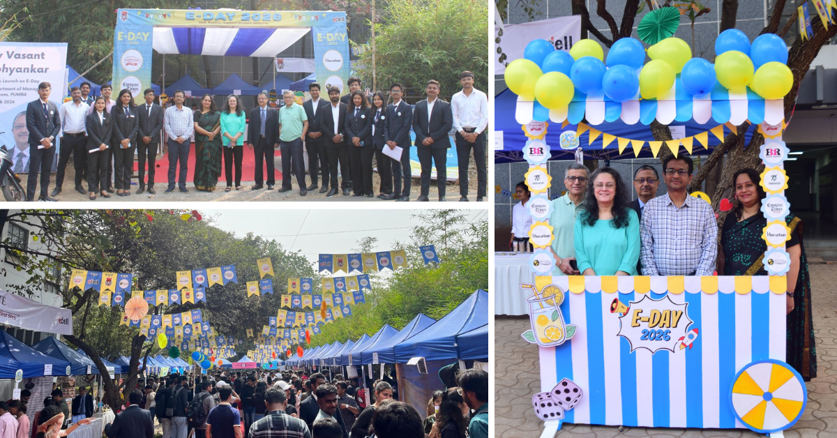 Students visiting multiple blue stall setups with banners and decorations at PUMBA E Day 2026